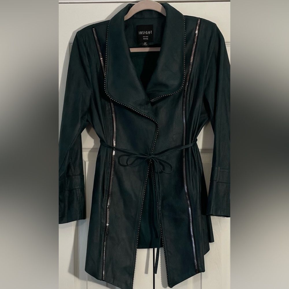 INSIGHT New York Dark Green Vegan Leather Jacket with Zipper detail Size 10P